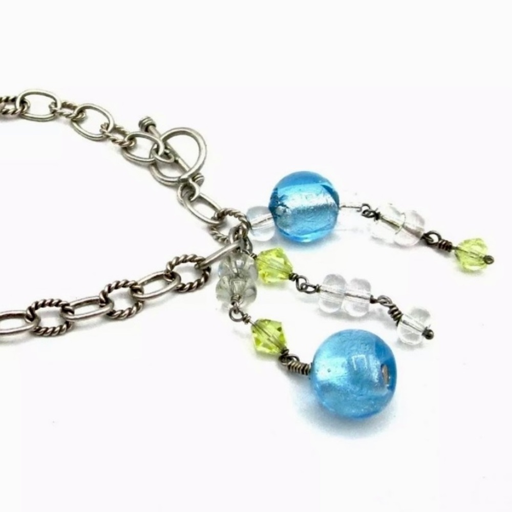 Vintage 925 Sterling Blue Green Prism Glass Dangle Bracelet Silver